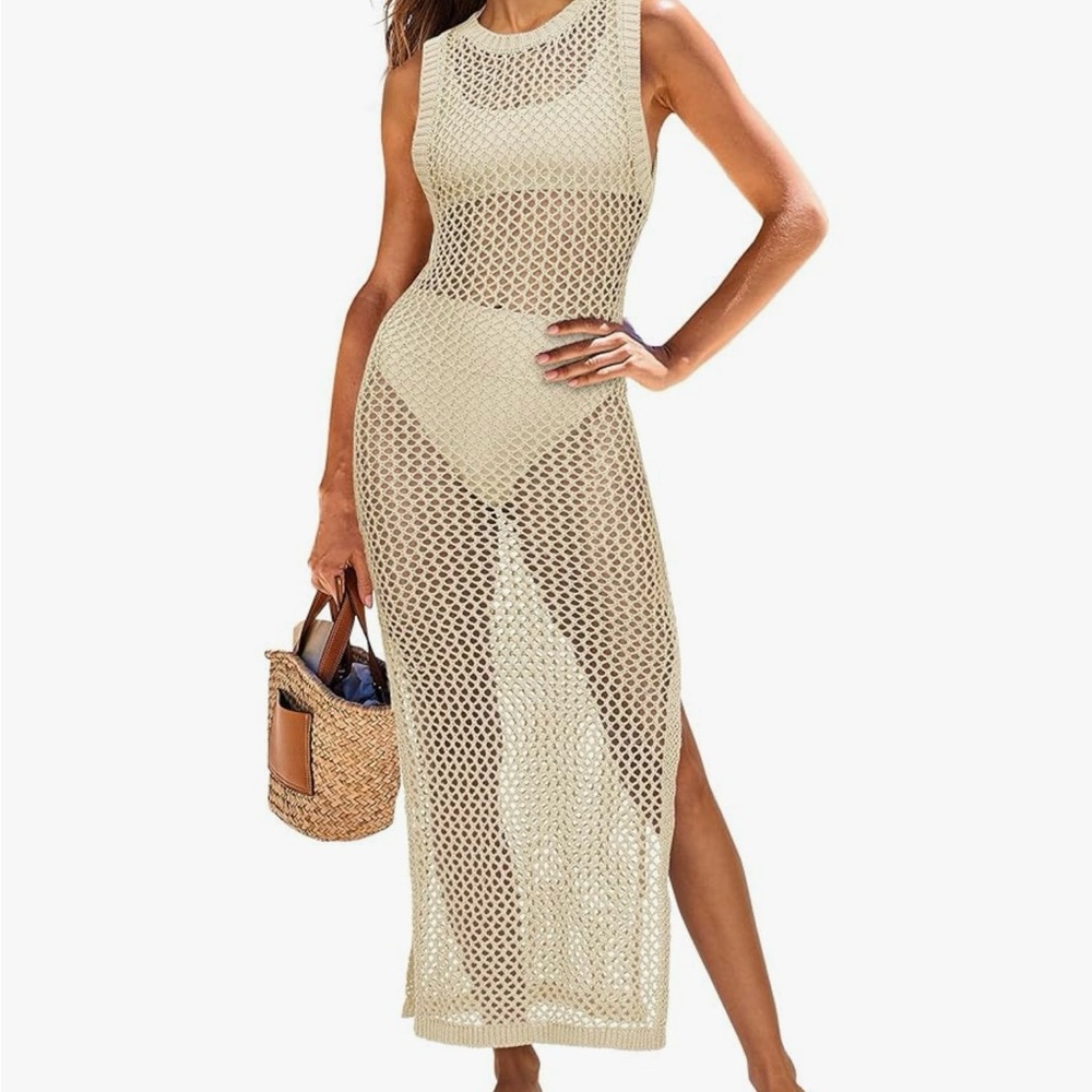 Elegant Cream Crochet Swim Cover-Up Medium